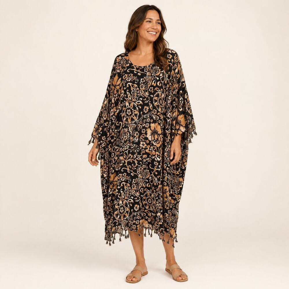 Santé Classics Midi Dress WMNS One Size Black Floral Rayon Artsy Eclectic Boho